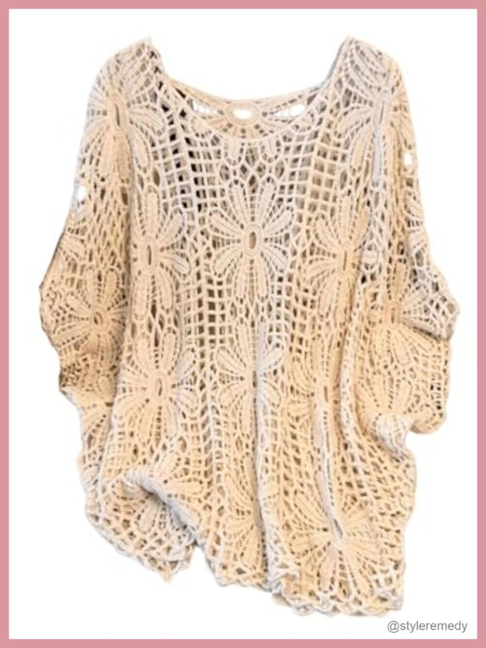 Plus Size Crochet Dolman Sleeve 3/4 Sleeve Boho Beach Cover Up Top